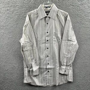 Liz Claiborne Mens Shirt 16 32/33 Gray White‎ 100% Cotton Striped Button Front